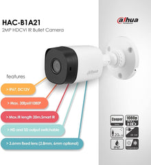 DAHUA HS DH-HAC-B2A21N كاميرا خارجية 2 ميجابكسل 3.6 ملم 20 متر معدنية على شكل رصاصة